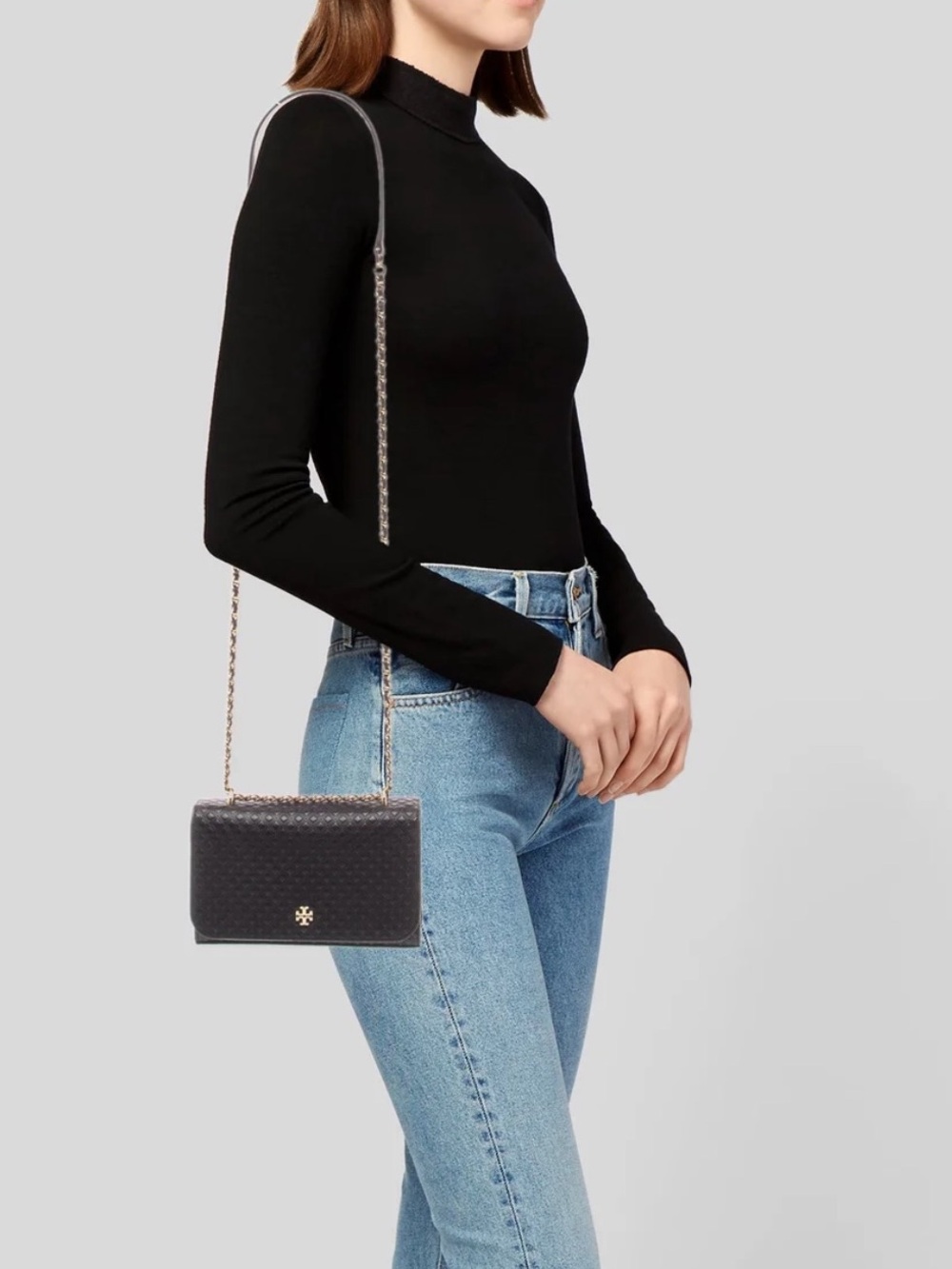 Tory Burch Black Marion Embossed Shrunken Crossbody Bag